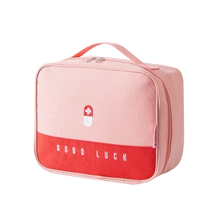 Pink portable emergency medical storage bag, large capacity travel first aid organizer pouch.