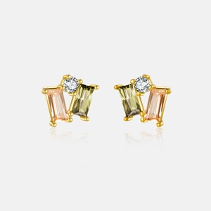 Detail of gold studs featuring champagne, pink and olive green rectangular crystals