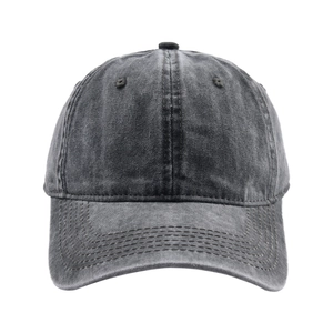 Detail of dark grey washed cotton baseball cap with vintage texture and breathable eyelets