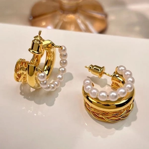 French Vintage Multi Layer C Shape Hoop Earrings Copper Plated 18K Gold With White Synthetic Artificial Pearls For Women Jewelry
