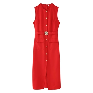 Elegant red sleeveless midi dress with gold buttons and a textured metallic belt