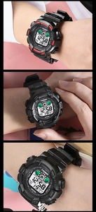 Detailed views of multifunctional waterproof digital sports watch with silicone strap