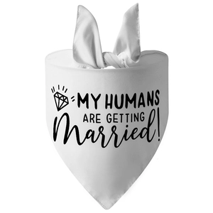 Detail of white wedding dog bandana with black MY HUMANS ARE GETTING MARRIED text