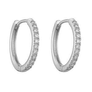 Detail view of silver hoop earrings with a row of sparkling micro-pave cubic zirconia