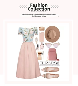 Flat lay of pink crossbody bag styled with trendy clothing and fashion accessories