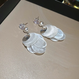 Macro shot of silver drop earrings featuring layered iridescent shell-like round sequins