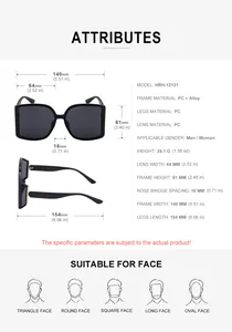 Size chart showing PC and Alloy curved lens sunglasses dimensions and face shape guide