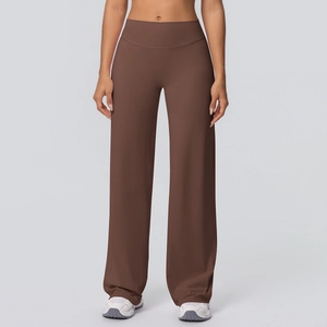 Women high waisted wide leg yoga pants in chocolate brown with brushed fabric