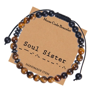 Soul Sister Morse Code Bracelet Natural Tiger Eye Stone Matte Beads Handmade Adjustable Braided Cord Jewelry Gift