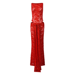 Detail of red lace two-piece set with sequins featuring backless top and slim maxi skirt