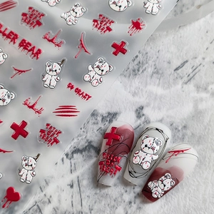 Gothic punk teddy bear nail stickers with red blood stains and Halloween cross designs