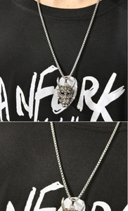 Macro close-up showing detail of a vintage silver bull head pendant on a steel chain