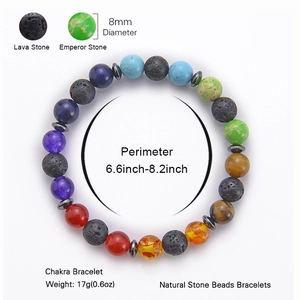 8mm Lava Rock Seven Chakra Yoga Bracelet with natural stone beads and size specifications
