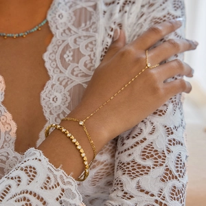 Elegant 18k gold plated stainless steel ring bracelet and heart zircon cuff on model