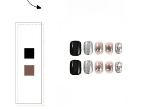 Detail of short square press-on nails with black, silver glitter, and rhinestone star designs