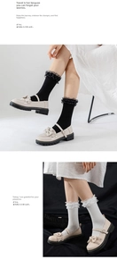 Close-up of elegant lace ruffle trim socks paired with vintage platform Mary Jane shoes