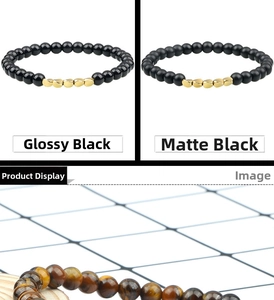 Detailed comparison of shiny and matte black lava beads with tiger eye stone bracelet
