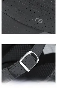 Detail of dark grey sports cap showing breathable mesh fabric and metal adjustment buckle