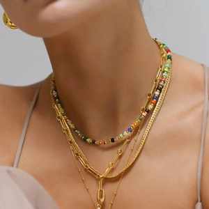 Handmade Natural Stone Beaded Necklace Artificial Baroque Pearl Colorful Bohemian Layered Choker Bracelet Jewelry For Women Men Summer Beach Style
