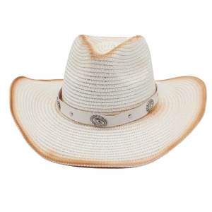 Western Cowboy Straw Hat Wide Brim Sun Protection Breathable Beach Travel With Decorative Belt Metal Conchos Windproof Rope