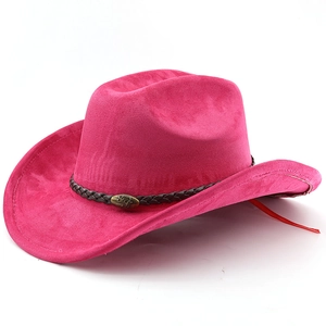 Detail of rose pink suede cowboy hat with braided leather band and bull emblem