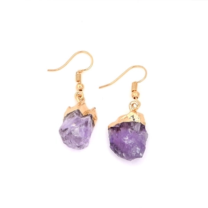 Natural amethyst raw stone earrings with gold plated hooks in irregular bohemian style