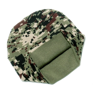 Close-up of double-layer digital camouflage knit beanie with warm green lining