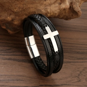 Men Multilayer Braided Leather Bracelet Stainless Steel Cross Charm Magnetic Clasp Punk Fashion Jewelry