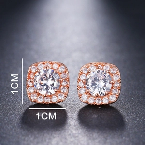 Elegant rose gold plated square stud earrings with round cubic zirconia centers, 1cm size