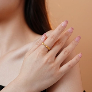 Bamboo style gold plated open ring with zircon inlays for women on forefinger