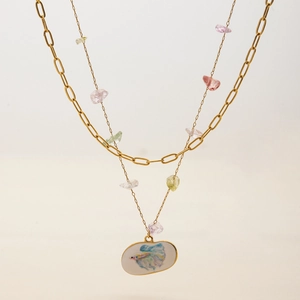 Double-layer 18K gold plated stainless steel necklace with natural stones and fish pendant