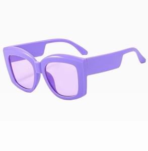 Side view of oversized purple square sunglasses with thick temples and tinted lenses