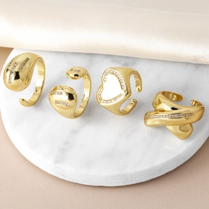 Fashion Heart Geometric Open Ring Shiny Zircon Inlaid Copper Gold Plated Adjustable Finger Jewelry For Women Minimalist
