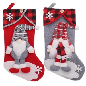 Christmas stockings featuring 3D faceless gnomes in red and grey checkered felt fabric