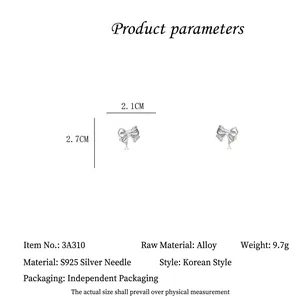 Elegant bow-shaped earrings with pearl accents and S925 silver needles on white background