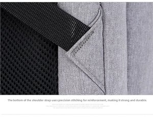 Detail of bartack reinforced stitching on a durable grey fabric business backpack strap