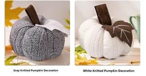 Detail of grey and white knitted pumpkins with brown stems and felt leaves on wood