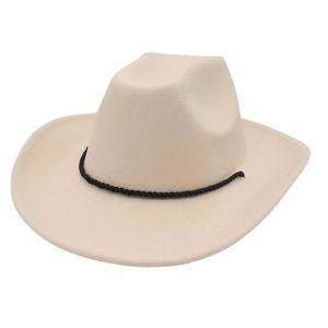 Classic western cowboy hat in beige felt with a black woven band and wide brim