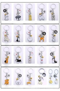 Detailed catalog of colorful enamel dog keychains including Corgi and Husky breeds