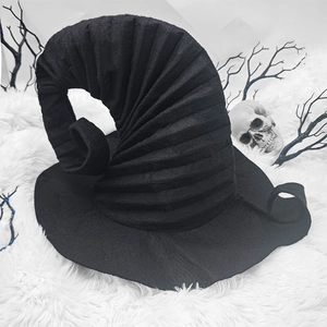Pleated black witch hat for Halloween with drawstring on white plush background
