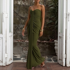 Detail of olive green strapless dress featuring ruched center and elegant draped fabric
