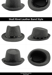 Detailed close-up of charcoal wool fedora featuring skull and metal rivet leather belts