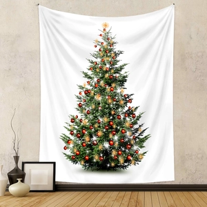 Dettaglio di arazzo murale con albero di Natale, palline rosse e stelle su tessuto bianco