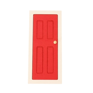 Miniature Christmas dollhouse door with red wood panels, white frame and gold handle