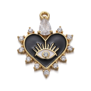 Black evil eye heart pendant in gold frame with sparkling cubic zirconia for DIY jewelry