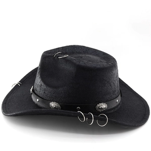 Classic black faux suede cowboy hat featuring vintage metal rings and decorative buckle