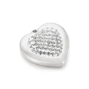 Polished silver heart pendant with sparkling rhinestones on a clean white background