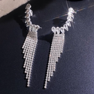 Macro shot of silver tassel earrings with sparkling water drop crystals and fringe