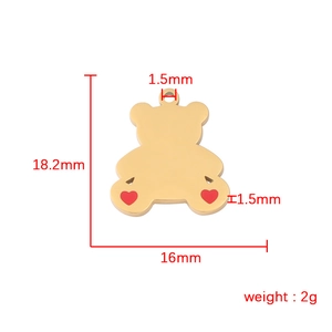 Golden bear pendant with red heart details and product size dimensions for DIY jewelry