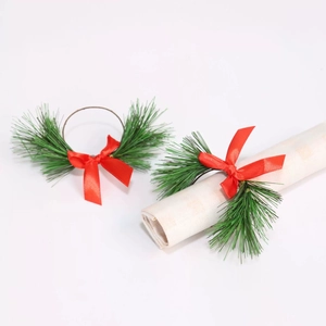 Christmas Napkin Rings With Artificial Pine Needles And Red Satin Bow Festive Table Decor Wine Bottle Decoration Ring
